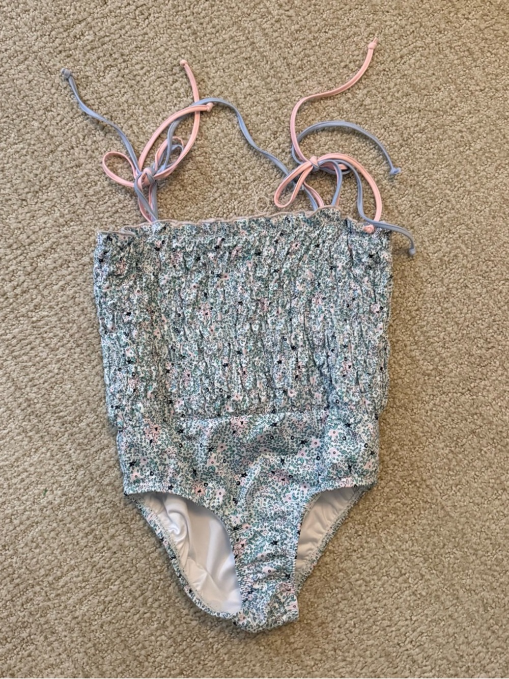 Bella Bliss Girls Smocked Floral One-Piece Swimsuit Tie Straps Pink Light Blue 8